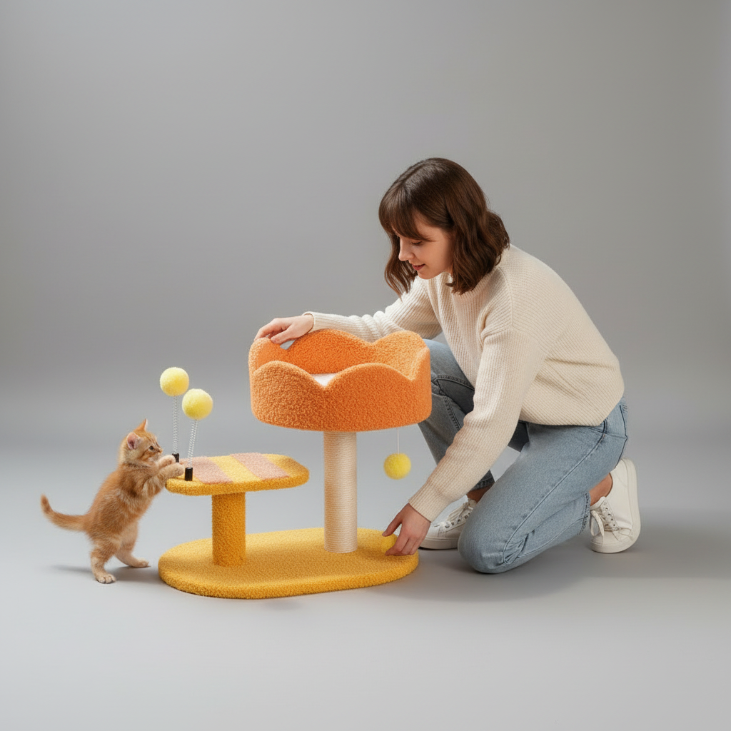 Zenm™ Furvana Compact Cat Perch Station - Multi-Activity Scratching Post & Teddy Plush Nest Platform