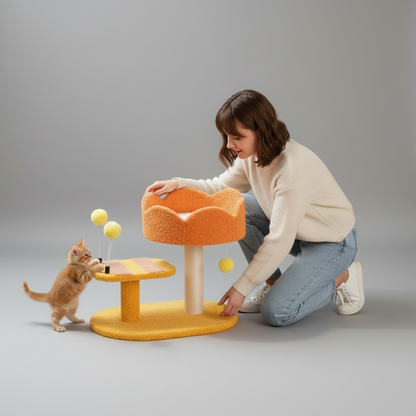 Zenm™ Furvana Compact Cat Perch Station - Multi-Activity Scratching Post & Teddy Plush Nest Platform