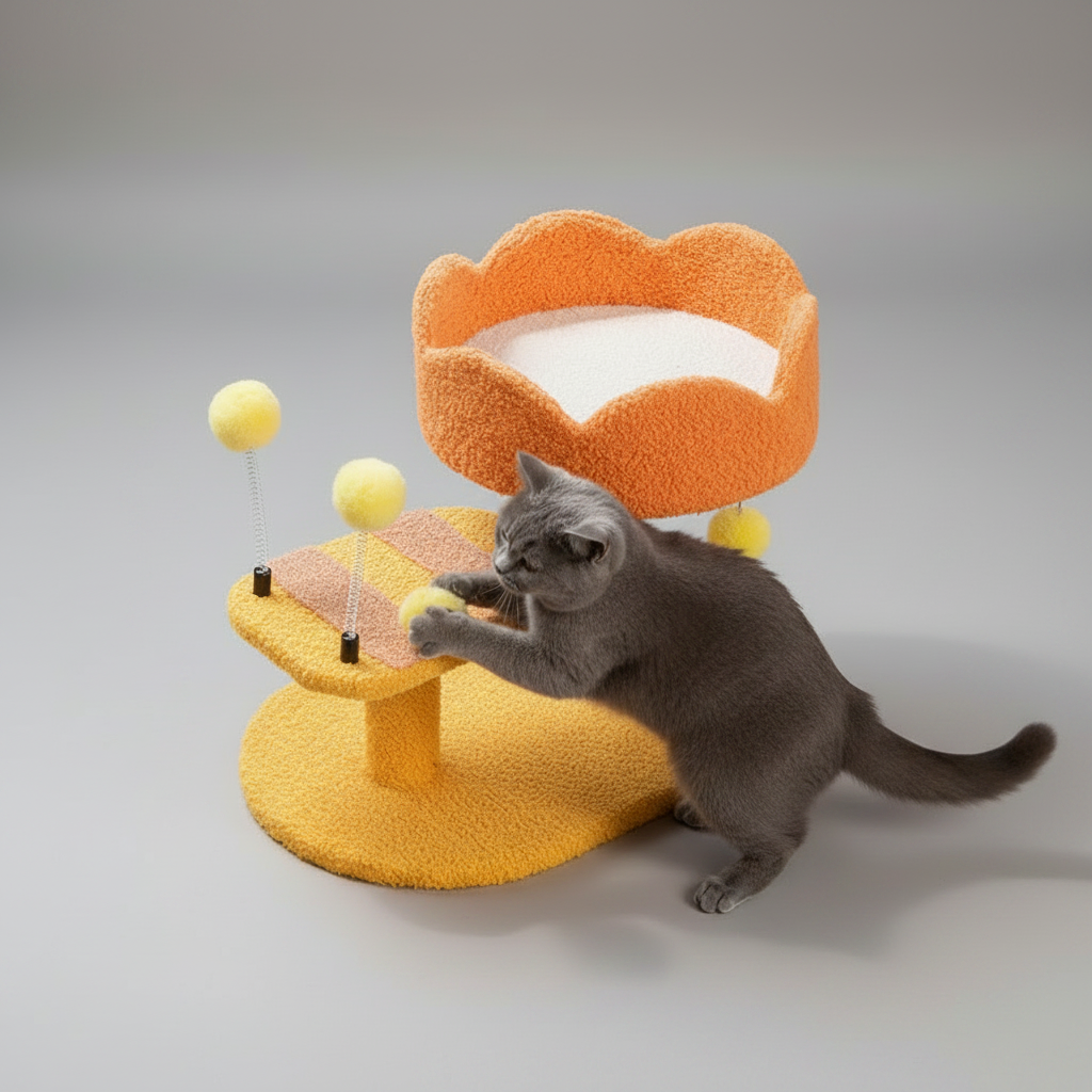 Zenm™ Furvana Compact Cat Perch Station - Multi-Activity Scratching Post & Teddy Plush Nest Platform