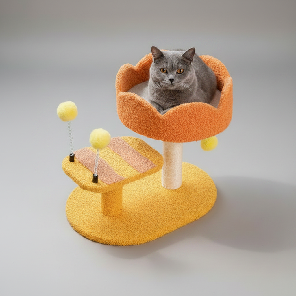 Zenm™ Furvana Compact Cat Perch Station - Multi-Activity Scratching Post & Teddy Plush Nest Platform