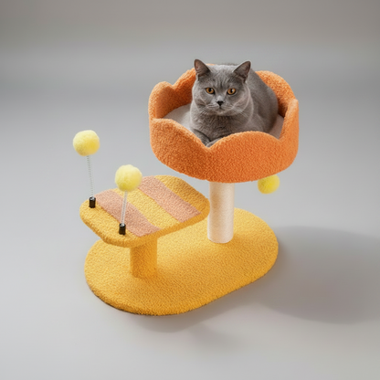 Zenm™ Furvana Compact Cat Perch Station - Multi-Activity Scratching Post & Teddy Plush Nest Platform